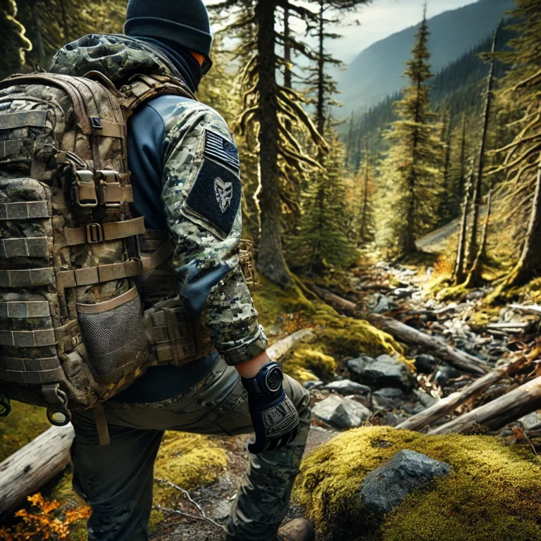 DALL·E 2024-12-05 20.35.50 - An outdoor scene showcasing Kryptek-inspired tactical gear and apparel. The setting is a rugged wilderness with dense forest and rocky terrain